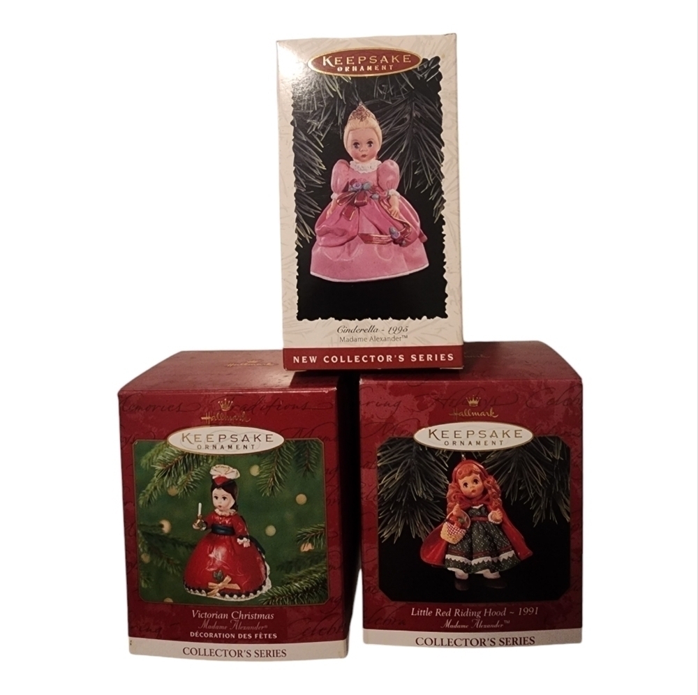 Madame Alexander Hallmart Ornaments: Cinderalla, Riding Hood, Victorian Xmas.